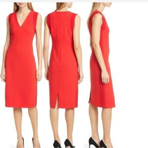 Red Sleeveless V-Neck Sheath Midi Dress